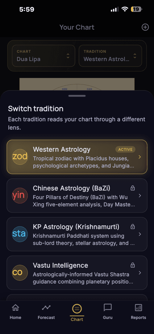 Switch your birth chart between ten astrology traditions in the Mystic Banana app