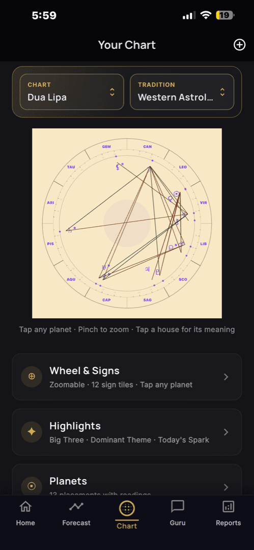 Mystic Banana interactive natal chart — one birth chart read through ten ancient traditions