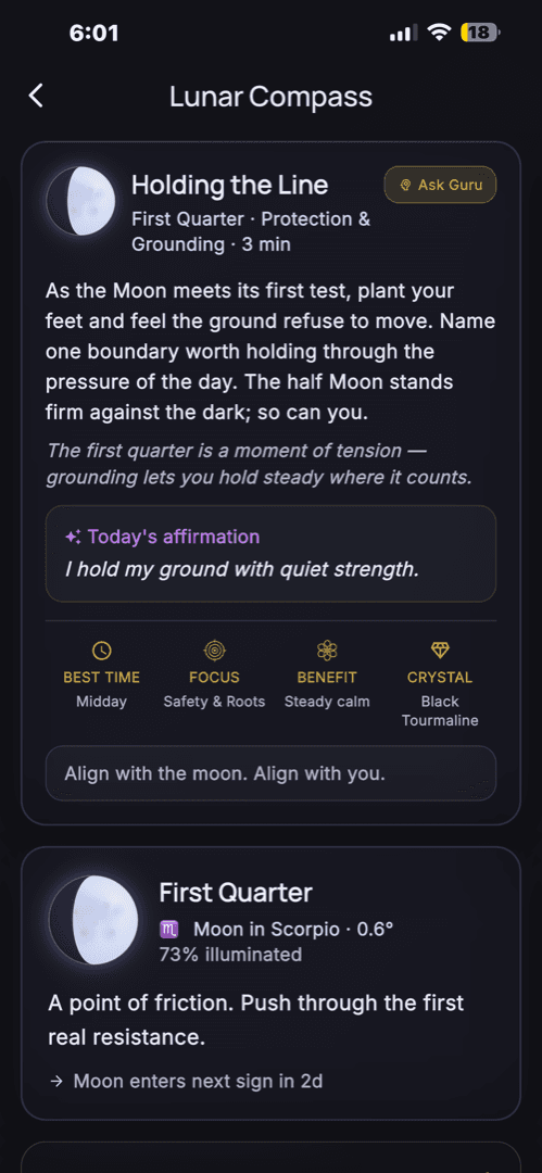 Lunar Compass tracking moon phases and nakshatras