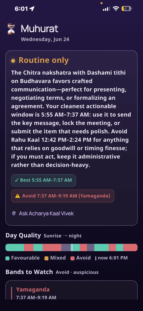 Muhurta electional timing with Panchanga and Rahu Kaal windows