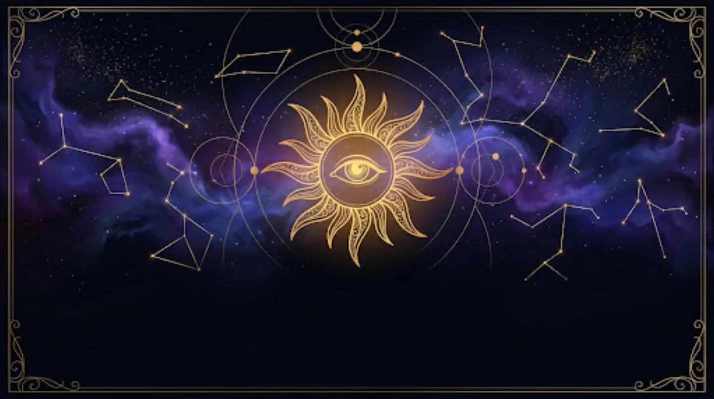 Panoramic cosmos illustration with a golden sun and eye